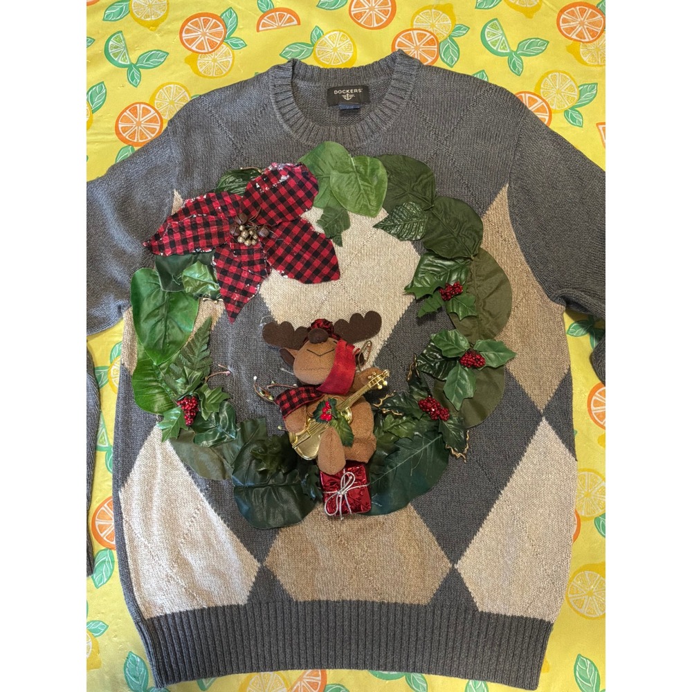 Ugly Christmas Men Docker Sweater M Gray Argyle Reindeer 3D DIY Holiday Pullover